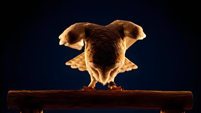 A brown owl standing on a wooden perch with its wings spread wide, illuminated from below against a dark background.