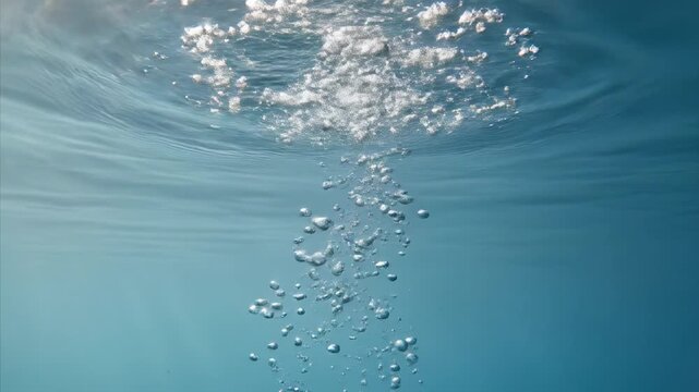 Underwater Bubbles Rising to Surface, Clear Blue Water, Light Reflections