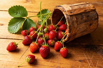 Fresh strawberries spilling from rustic wooden basket on wooden table.