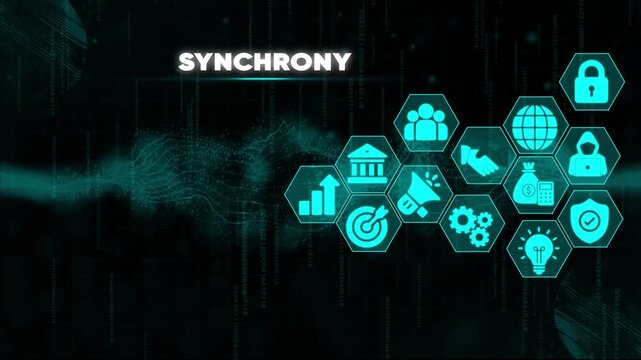 Synchrony Concept with Business and Technology on Hexagonal Grid with Binary Code Background