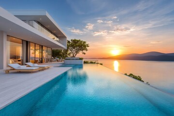 Fototapeta premium Modern villa with infinity pool at sunset overlooking ocean