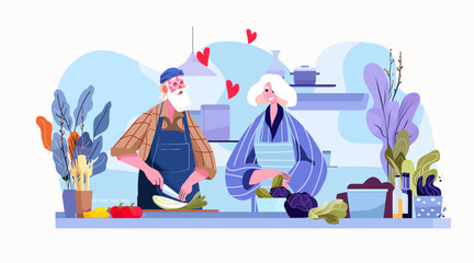 Senior couple cooking healthy meal valentine day together kitchen vegetables plants modern home love concept