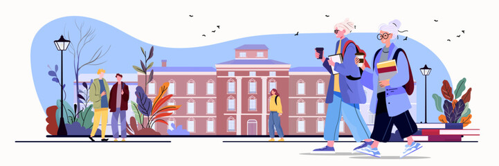 Active seniors university campus lifelong learning older adults walking with backpacks and books outdoor autumn scene educational building background