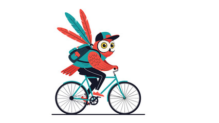 Fototapeta premium Wise owl wearing a cap and backpack rides a bicycle with large colorful feathers growing from its back in this unique art.