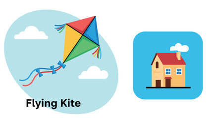 Naklejka premium Colorful kite and charming house in a flat icon design
