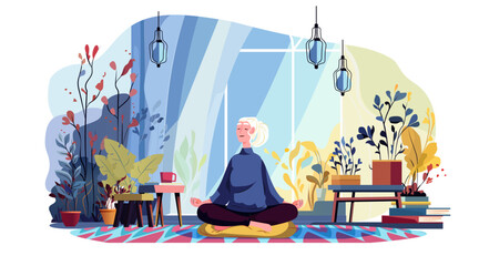 Senior woman meditation indoor wellness yoga practice peaceful elderly sitting cross legged surrounded by plants cozy home decor colorful