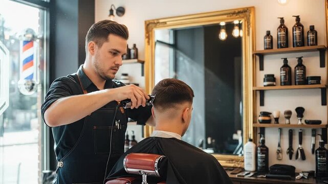 Barber trims client's hair with electric clipper in vintage style barbershop