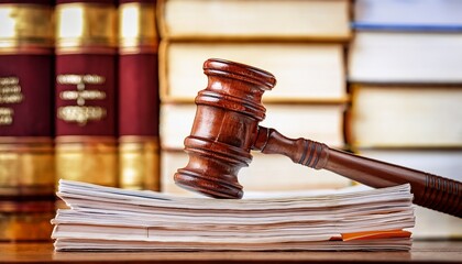 wooden gavel on stack of legal papers with blurred law books in background representing justice and legal practice