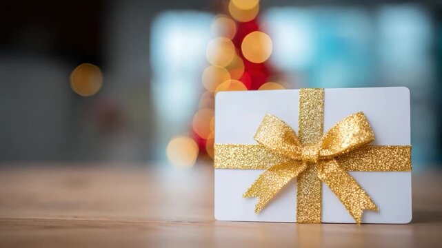 Wrapped Gift Card: A meticulously adorned gift card rests upon a polished wooden surface, gracefully embellished with a glimmering golden ribbon, presenting an air of refinement and anticipation.