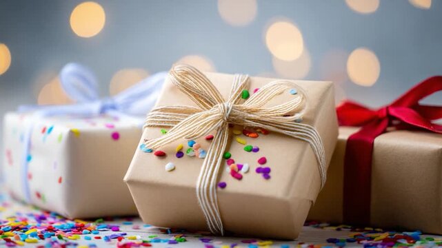 Gift of Celebration: Festive wrapped gifts, adorned with ribbons and confetti, are artfully arranged, creating a visual symphony of joy and anticipation. conveying a sense of celebration.