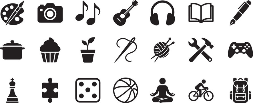 Hobby web icons set with leisure, sport, music, art and creative activity symbols for UI and web design