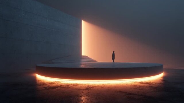 Solitary Contemplation: a single person stands on a lit platform facing towards an illuminated opening.  The image speaks to solitude, mystery and the unknown