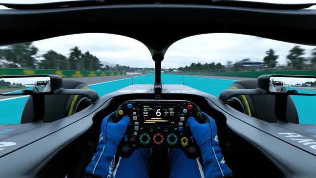 POV shot from inside a race car cockpit, showing the track, steering wheel, and hands