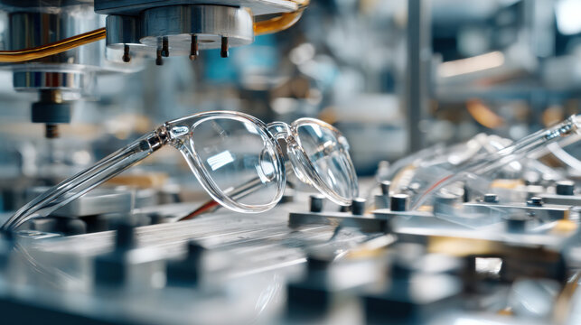 High-tech manufacturing process of modern eyewear frames, showcasing precision engineering, industrial automation, and advanced optical technology.