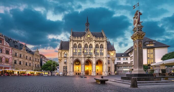 Fischmarkt square with historic building of Town Hall in Erfurt, Germany (static image with animated sky)