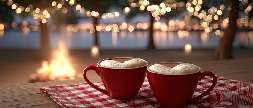 Two red mugs of hot chocolate with heart-shaped foam sit on a checkered tablecloth near a fire pit at a campsite, creating a cozy scene for Valentine's Day at night