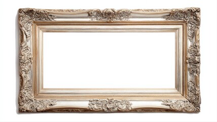 Ornate Rectangular Picture Frame with Empty Space, Decorative Carved Wood Isolated on White Background