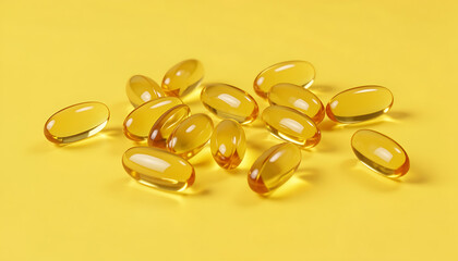 Glossy Golden Fish Oil Softgel Capsules Isolated on a Vibrant Yellow Background
