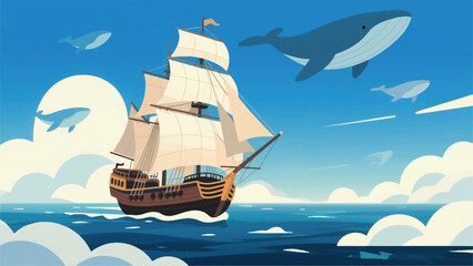 Illustration Of A Sailing Ship Sailing Above A Sea Of White Clouds, A Giant Air Whale Flying Around With A Clear Sky Vector Design Template © BedRoses