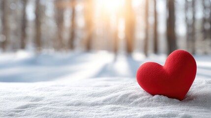 Fototapeta premium Red heart shape on snow with sunlight shining in a snowy forest for Valentine's Day celebration