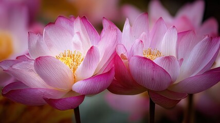 Two Blooming Pink Lotus Flowers Displaying Delicate Petals and Yellow Centers in a Serene Setting