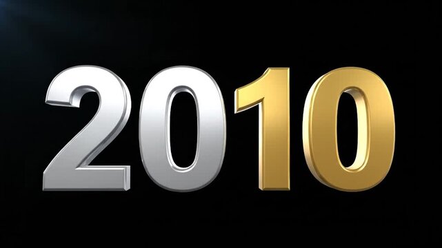 Metallic 3D numerals, "2010", silver and gold, against a black backdrop, celebrating the new year