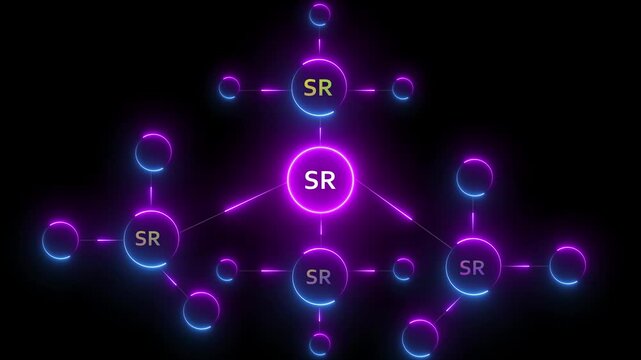 Abstract glowing network structure with SR labels in pink and blue on interconnected nodes against a dark animated background