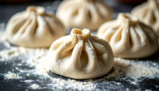 Traditional Georgian khinkali dumplings, uncooked, authentic national cuisine, appetizing and artisanal.