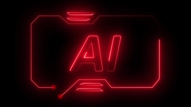 Futuristic Red Neon AI Logo with Digital Interface Elements on animated Black Background artificial intelligence