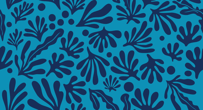 Abstract blue pattern featuring stylized floral and leaf-like shapes.