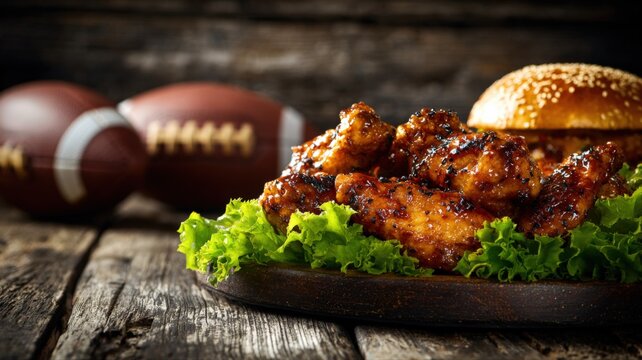Game day feast featuring chicken wings, burger, lettuce, footballs, set on rustic wooden background