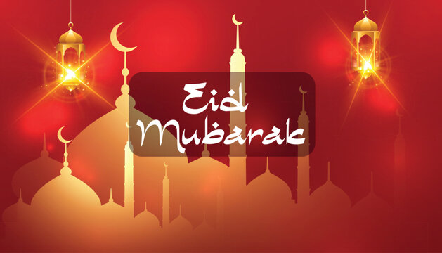 Festive Eid Mubarak Greeting with Mosque and Lanterns