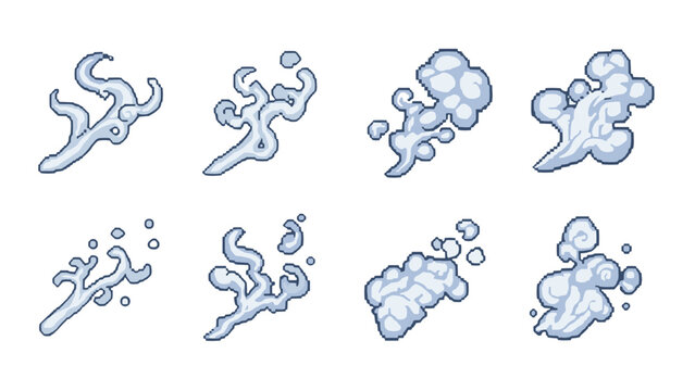 Retro pixel art cloud icons set featuring unique white smoke patterns