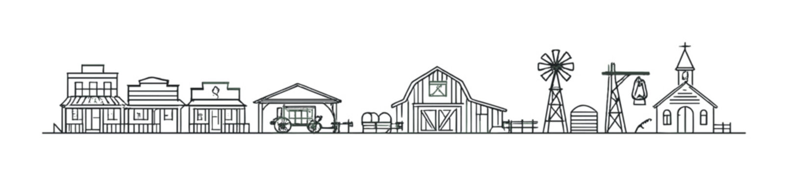 Minimalist western town skyline with barn and windmill silhouettes