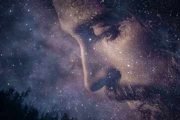 Naklejka premium Jesus Christ Double Exposure Over Wide Starry Night Sky, Spiritual Faith and Divine Light Concept