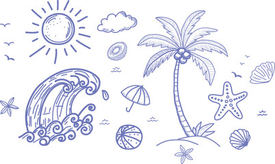 Fototapeta premium Hand drawn collection of various tropical beach vacation elements featuring a large ocean wave a solitary palm tree bright sun and scattered ocean life icons suitable for summer design projects