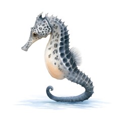 Obraz premium Grey watercolor seahorse with trendy leopard print pattern, exotic marine animal with blue spots isolated on white background