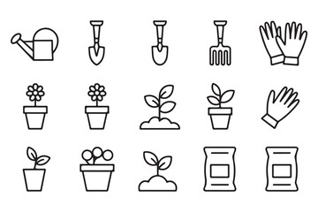 Gardening tools and plants line icons set, collection of garden equipment vector sketches