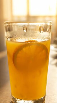 Golden healthy citrus drink shot in a glass in a bright kitchen.