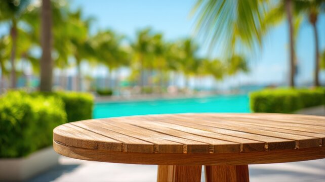 Wooden Tabletop in Outdoor Resort with Blurred Tropical Background, Perfect for Product Mockups and Summer Promotions