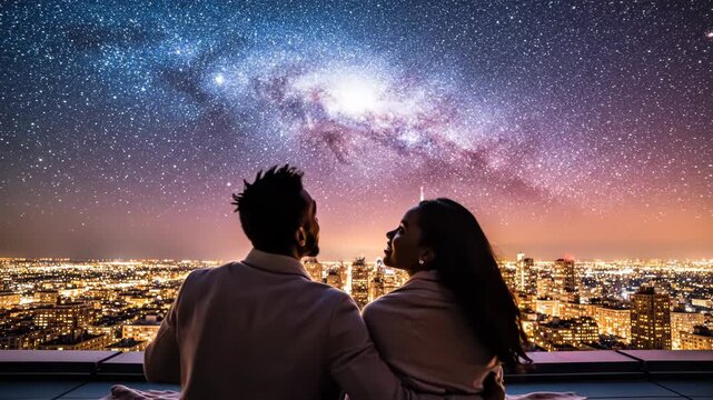 Couple gazing at the starry night sky together in love
