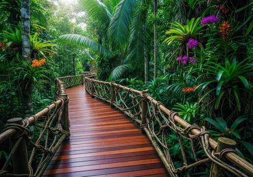Elevated wooden boardwalk path winding through lush, dense tropical jungle foliage in a managed ecotourism park setting under diffuse sunlight, scenery, canopy, pathway</blockquote>