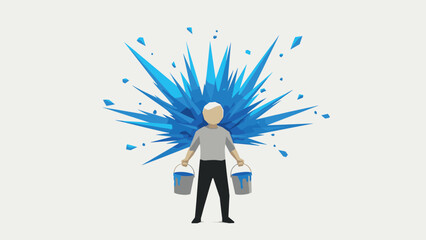 Fototapeta premium Abstract geometric art with person holding paint buckets and blue polygonal explosion