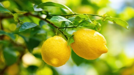 Ripe Lemons Hanging on a Tree Branch in a Sunny Orchard, Fresh Citrus Fruit