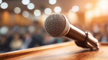 Obraz premium Microphone on Podium in Auditorium Ready for Speaker, Conference, or Presentation Event