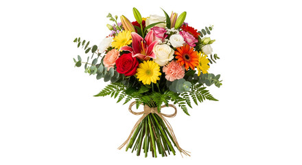 A vibrant bouquet of colorful flowers tied with twine on transparent background