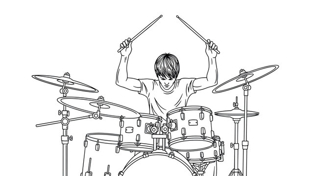 Dynamic drummer in action: black and white outline of a percussionist with drum kit