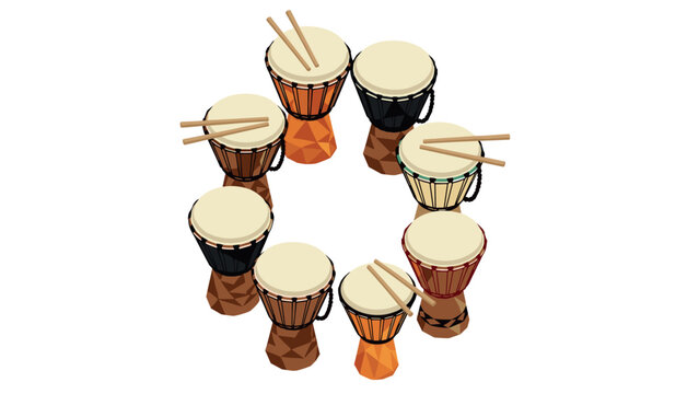 Circular arrangement of traditional djembe drums with drumsticks on white background