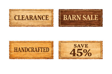 Obraz premium Rustic Wooden Signs Displaying Clearance, Barn Sale, and Handcrafted Messages