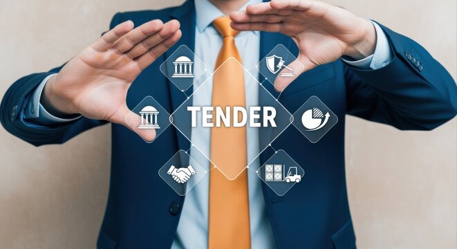 Tender Process Concept: Business Professional Framing a Digital Interface with Financial Icons, Representing Procurement and Bidding